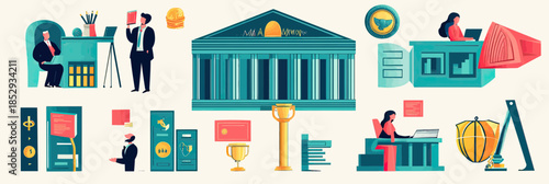 Flat vector illustration of courtroom with judges and lawyers working on legal documents, law books, and justice symbols in minimalist style