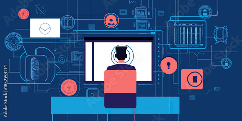 Man working on computer with digital cyber security icons network and data protection symbols flat design technology internet concept vector illustration
