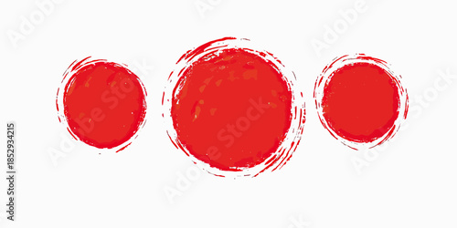 Set of three red hand drawn rough brush stroke circles with grunge crayon texture and irregular edges on white background for Japanese sun flag inspired design elements vector illustration