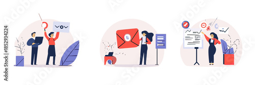 Business people analyzing marketing data, sending promotional emails, presenting marketing results, flat vector illustration set with laptop, charts, envelope, and presentation board concepts