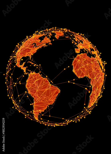 Digital low poly Earth globe with orange continents connected by network lines and dots on black background technology and global communication concept vector illustration
