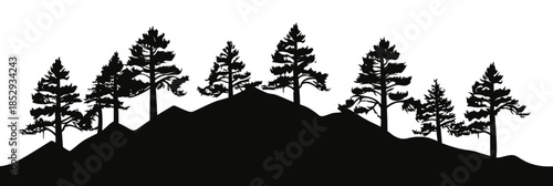 Silhouette of pine trees on mountain ridge minimalist flat black vector landscape nature background outdoor forest scene isolated white