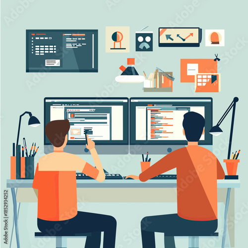 Flat minimalist vector illustration of two web developers collaborating on coding and design on dual computer monitors in modern office workspace with desk lamps and stationery