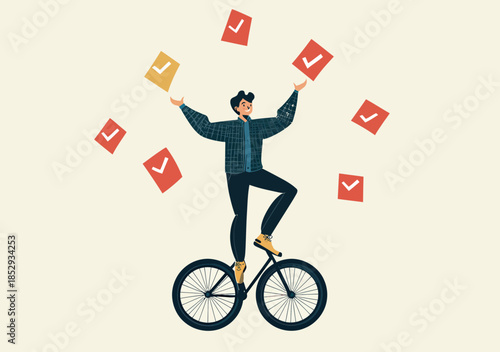 Businessman balancing on unicycle juggling multiple checkmarked task cards symbolizing productivity, multitasking, and project management success in flat vector style