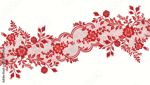 A captivating horizontal seamless pattern features intricate red floral lace, adorned with delicate roses and detailed botanical elements, perfect for elegant designs.