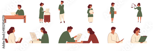 Flat minimalist vector illustration of diverse people reviewing documents signing contracts discussing legal agreements and consulting law advice concepts