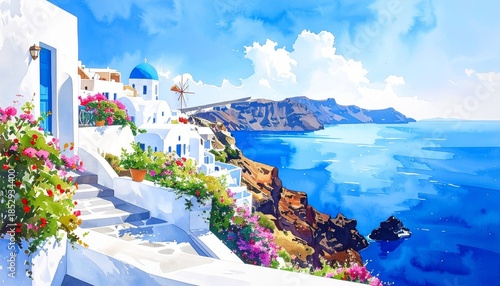 hand drawn watercolor painting of beautiful Santorini island. landscape painting