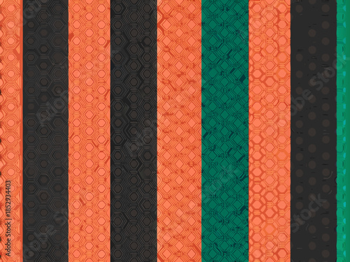 Colorful textured ribbons with repeating patterns displayed in a vertical arrangement