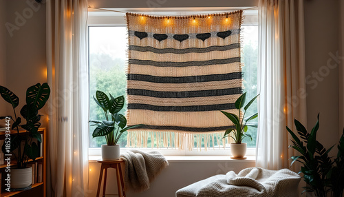 Cozy Bohemian Window Decor with Plants, Knitted Blanket, and Warm Lights