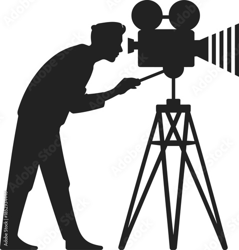 Film director adjusting vintage movie camera on tripod for classic cinema filmmaking media production silhouette vector illustration design iconic style