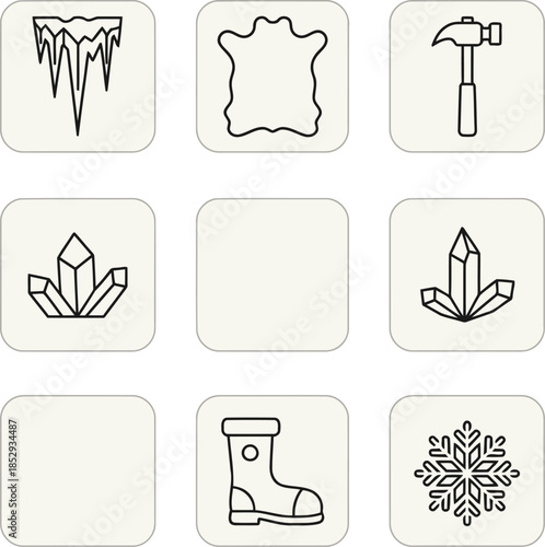 A collection of various crafting and resource icons for a game featuring nature tools and other elements