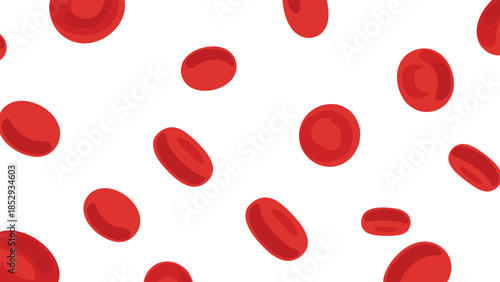 A scattered, dynamic pattern of numerous red blood cells is presented against a clean white background, illustrating microscopic biological elements.