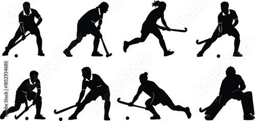 Set of Field Hockey Player Silhouettes in Various Dynamic Poses, Men and Women Playing with Sticks and Ball, Sport Game Vector Collection