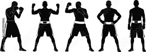 Set of five black silhouettes of male boxers in various fighting and standing poses isolated on a white background vector illustration.