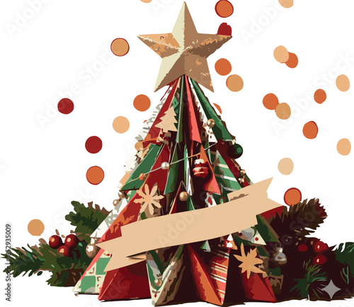 Festive paper craft Christmas tree with a star topper and blank banner perfect for holiday greetings