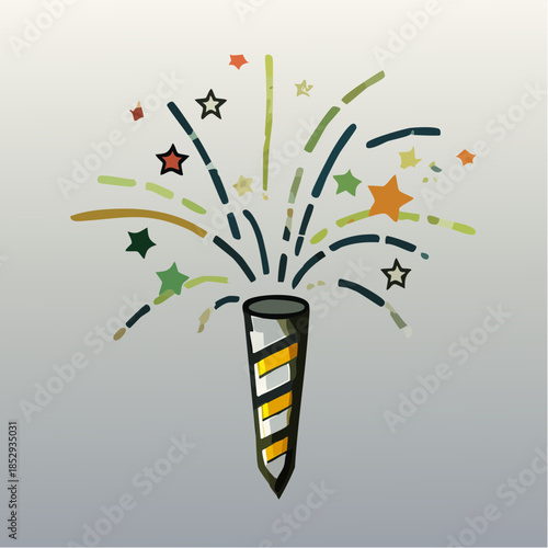 Vibrant party popper exploding with colorful stars and streaks