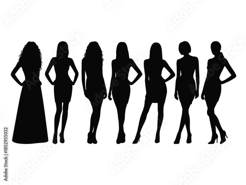Silhouettes of seven diverse women in formal and casual attire stand together.