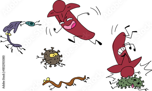 Funny dried clove buds spice destroy bacteria, parasites and fungus, drawn with grunge black curved lines, color drawing