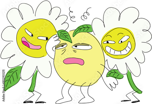 Two funny daisies with faces create low blood pressure and have a negative effect on the yellow character with dizziness, drawn with grunge black curved lines, color drawing
