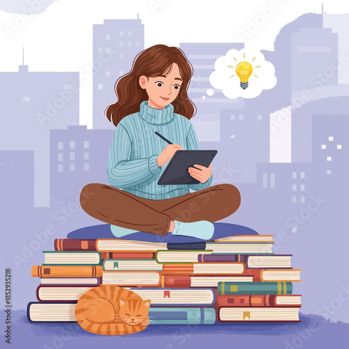Woman sitting on a stack of books in the city, writing on a tablet with a thought bubble above her head