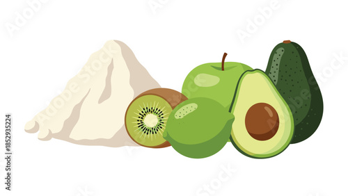 A heap of white powder sits beside a vibrant group of green fruits, including sliced kiwi, a crisp apple, a zesty lime, and two avocados.