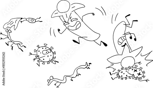 Humorous dried Clove buds spice symbolizing their power to fight bacteria, parasites, and fungi, drawn with grunge black curved lines