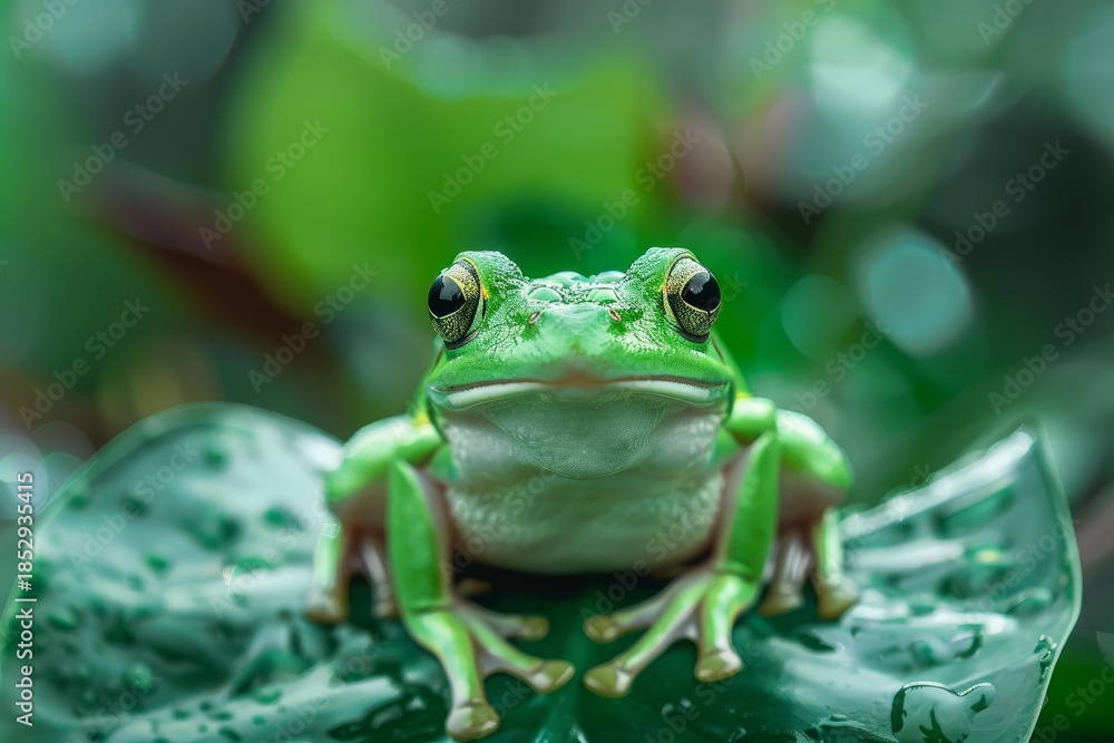 Obraz premium Vibrant green tree frog perched on a leaf in a tropical rainforest, showcasing its captivating beauty