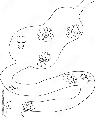 A cheerful stomach with intestines, through which daisies move to heal wounds and ulcers. Perfect for health, natural healing, or medical themes, drawn with grunge black curved lines