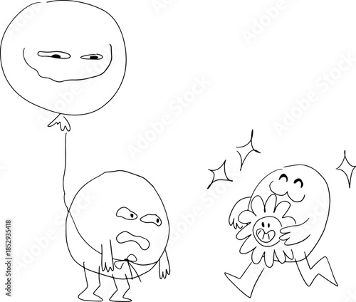 A distressed character with a bloated stomach holding a balloon, alongside a cheerful character holding a daisy. Ideal for health, humor, or wellness themes, drawn with grunge black curved lines