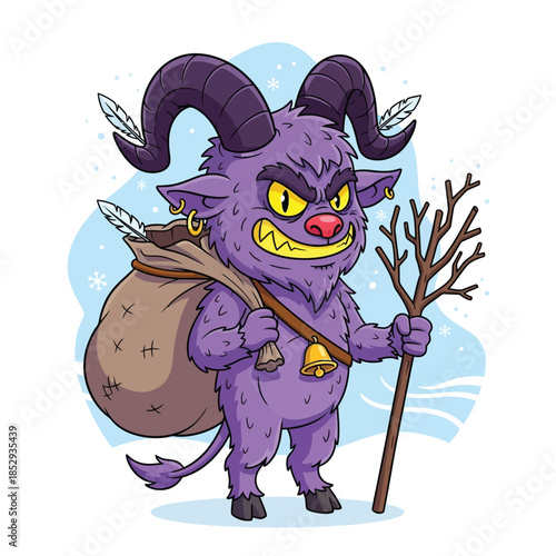 Krampus illustration with horns and sack standing against a winter background