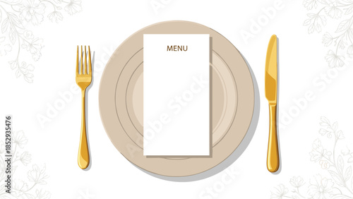 A luxurious gold place setting featuring a elegant plate, fork, and knife, with a blank menu card, is set against a subtle floral pattern background.