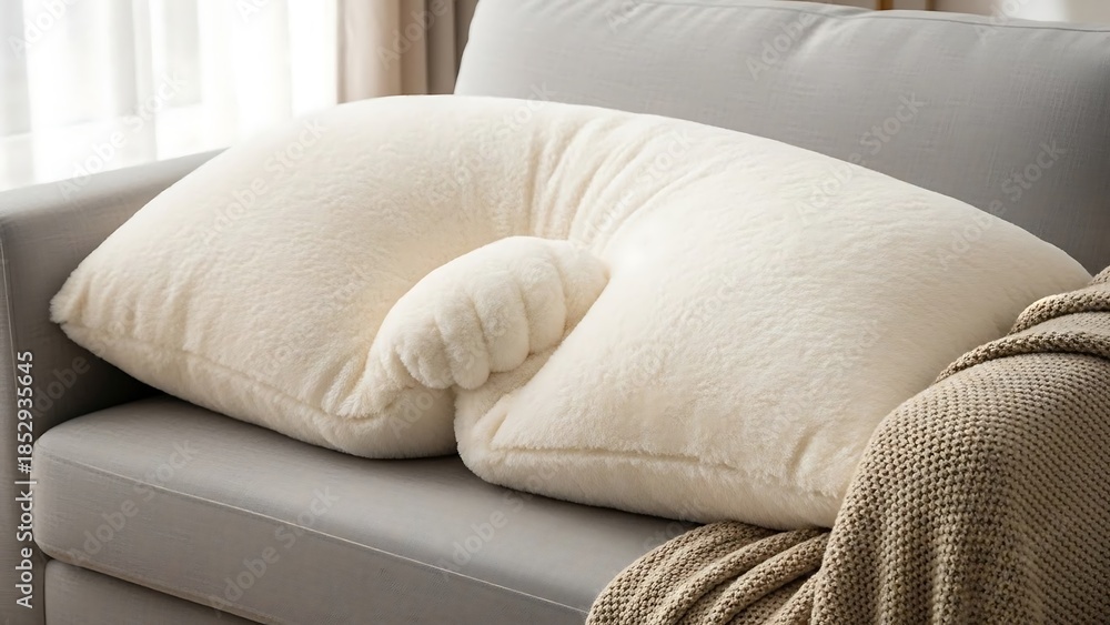 Obraz premium Soft beige pillows on gray sofa.