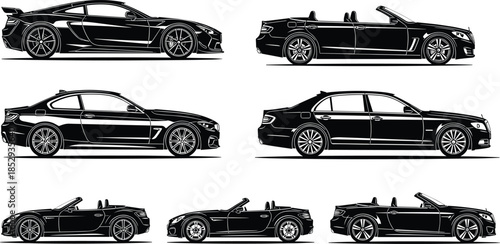 Set of modern luxury car silhouettes in side view, sporty coupe, sedan and convertible vehicle designs isolated on white background