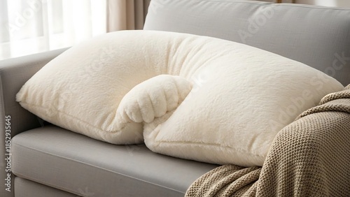 Soft beige pillows on gray sofa.