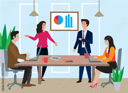 workplace teamwork illustration workers negotiating table collective thinking brainstorming