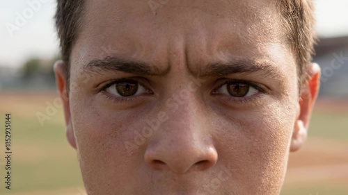 Youth face close up with intense expression showing determination and focus in climate movement inspiring awareness for better future outdoors
