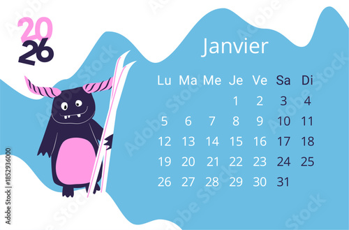 Calendrier illustré avec un monstre partant au ski, mois de janvier 2026 avec les jours de la semaine en français, parfait pour imprimer et aider les enfants à s'organiser