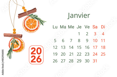Organisateur janvier 2026, dates et semaine du mois en français. Illustration avec des oranges séchés de la cannelle et des brins de romarins