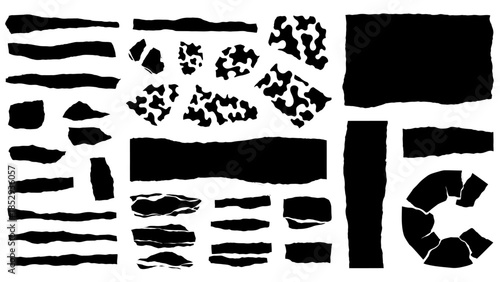 Abstract black shapes and textures arranged in a grid resembling torn paper fragments