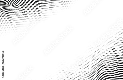 Vector framing halftone wave background with dotted lines flowing from corners to white negative  space. Clean graphic texture.