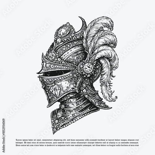 Ornate Medieval Knight Helmet Engraving with Feather and Diamond