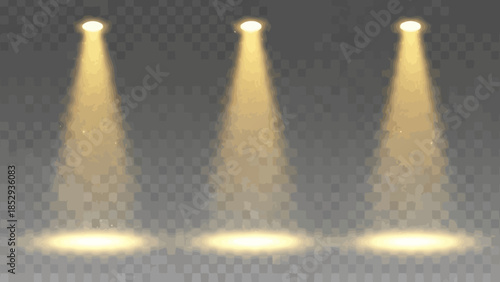 Three golden spotlights illuminating a dark stage with a transparent background effect