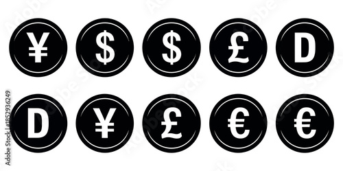 International Currency Symbols Icons Set. Vector Illustration of Coins with Global Money Signs (Dollar, Euro, Pound, Yen, Won)