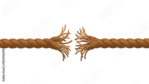 Taut brown rope dramatically frayed and worn in the middle, with individual strands visibly separating and tearing apart, symbolizing stress, weakness, danger, and the imminent point of breakage.