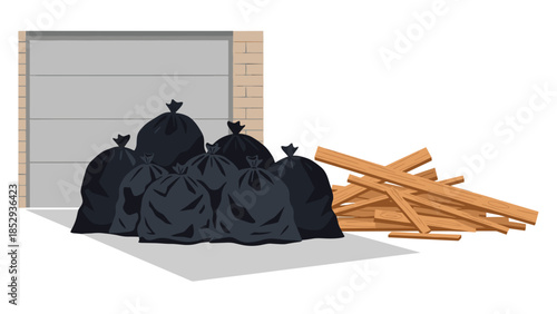 Disorganized collection of black garbage bags piled up next to a stack of wooden planks, positioned in front of a closed garage door, symbolizing household waste, renovation debris, and clutter.