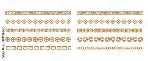 Golden Asian Border Line Illustration Collection, Traditional Decorative Ornaments with Classic Geometric Maze Motifs, Cultural Line Art Elements for Packaging Design