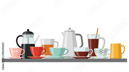 Varied assortment of colorful coffee and tea cups, mugs, and elegant pots neatly arranged on a dark shelf, representing a cozy beverage collection and a love for warm drinks.