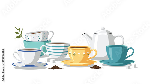 Inviting arrangement of diverse coffee and tea cups, a sleek white teapot, with piles of coffee grounds and sugar cubes, creating a delightful scene for a relaxing beverage experience.