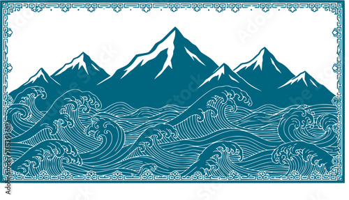 Vector illustration landscape. Japanese wave pattern. Mountain background. Asian style. Sea backdrop. Design for social media wallpaper, blog post template, card, poster. Ornament backdrop. Old paper