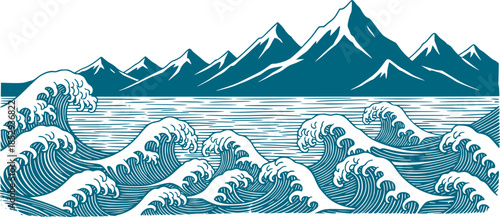 Vector illustration landscape. Japanese wave pattern. Mountain background. Asian style. Sea backdrop. Design for social media wallpaper, blog post template, card, poster. Ornament backdrop. Old paper